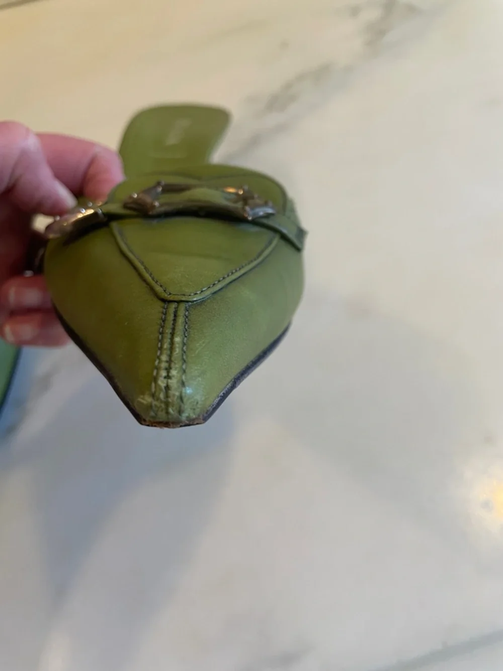 Vintage Prada Green Leather Pointed Kitten Heel Mules, Size 40 - Picture 12 of 14